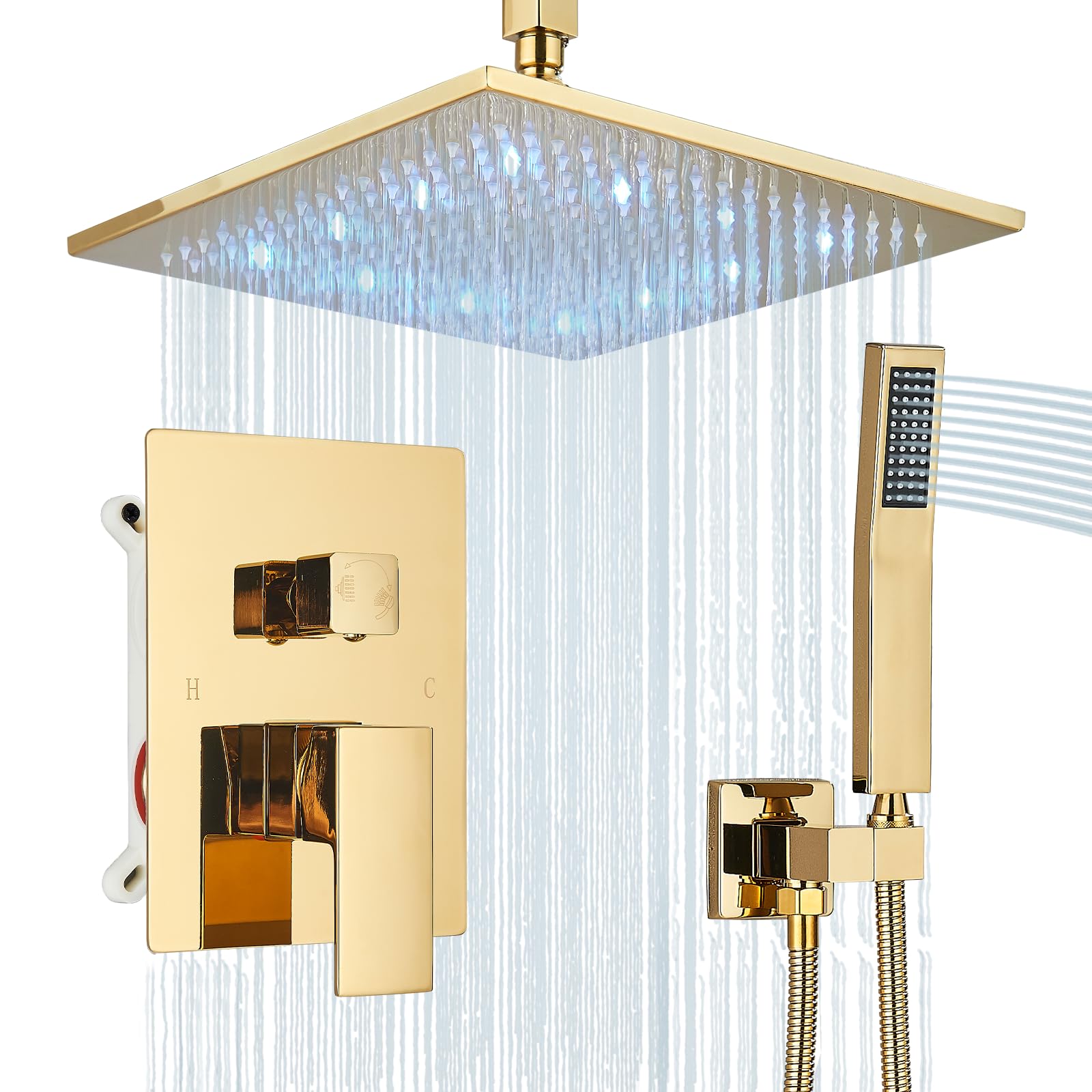 Photo 1 of Polished Gold Shower System 12 Inch LED Square Rainfall Shower Head Ceiling Mount Shower Faucet Set with Hand Sprayer Rough-in Valve Trim Kit Bathroom Mixer Shower Combo Set