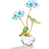 Qianwei Crystal Blue Lotus Flower with Stems - Glass Decor Lotus Flower with Vases Home Office Decoration - Crystal Gifts for Mom Girlfriend Sisters Boss on Birthday Mothers Day Valentines Day