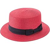 Lawliet Womens Straw Boater Hat Fedora Panama Style Flat Top Ribbon Summer A456