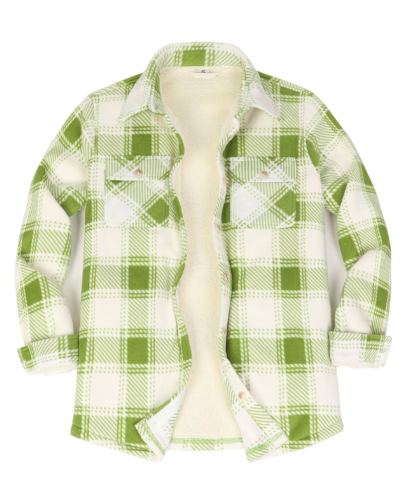 ThCreasa Womens Plaid Shacket Jacket All Over Fleece Lined Flannel Button Down Long Sleeve Camping Cozy Coat with Pockets Green XS Image