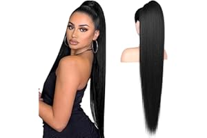FLUFYMOOZ ponytail extension, 36 Inch Long Straight Drawstring Ponytail Synthetic Hairpieces Fake Pony Tails Natural Soft Clip in Hair Extension ponytail for Women (Jet Black)