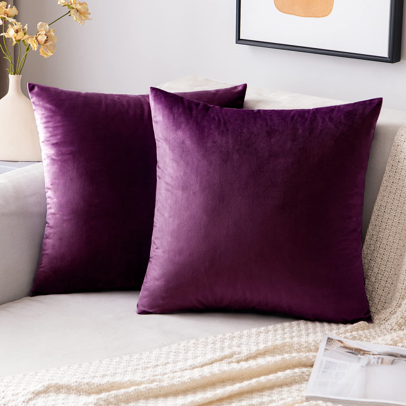EMEMA Velvet Cushion Covers Aubergine Decorative Throw Pillow Case 18x18 Inch 45x45 cm Pillow Covers for Livingroom Sofa Bedroom Pack of 2