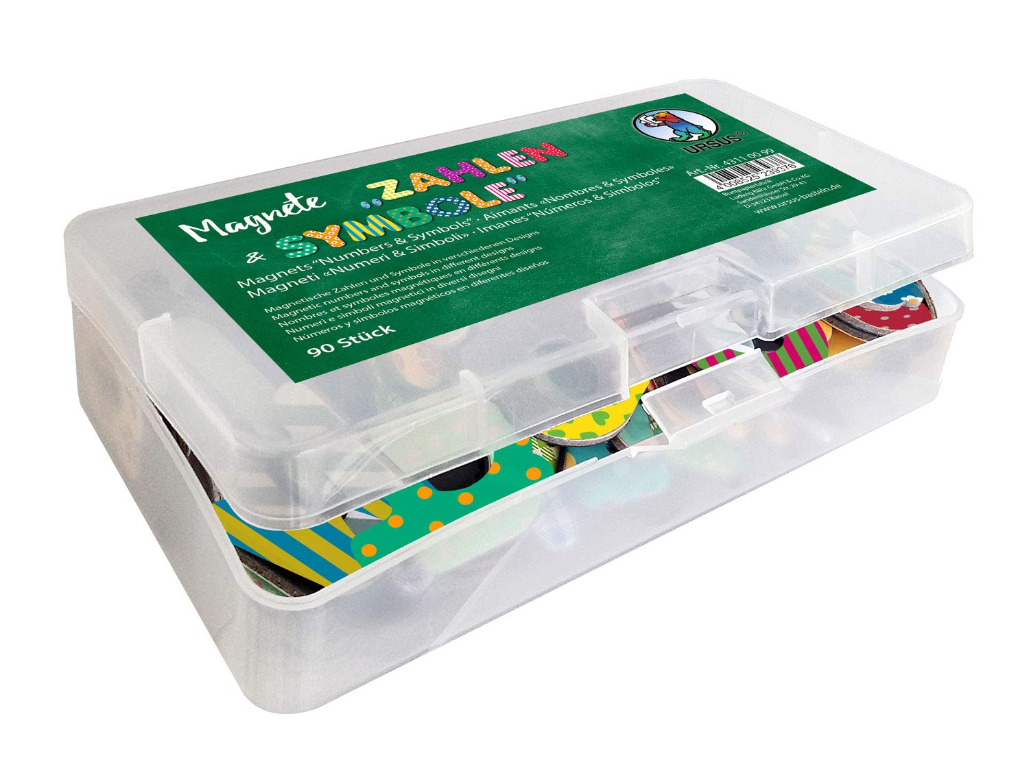 Ursus 43110099 Magnets Numbers and Symbols Pack of 90 in a Plastic Tin Assorted Designs and Sizes 1.5-4.4 cm Colourful