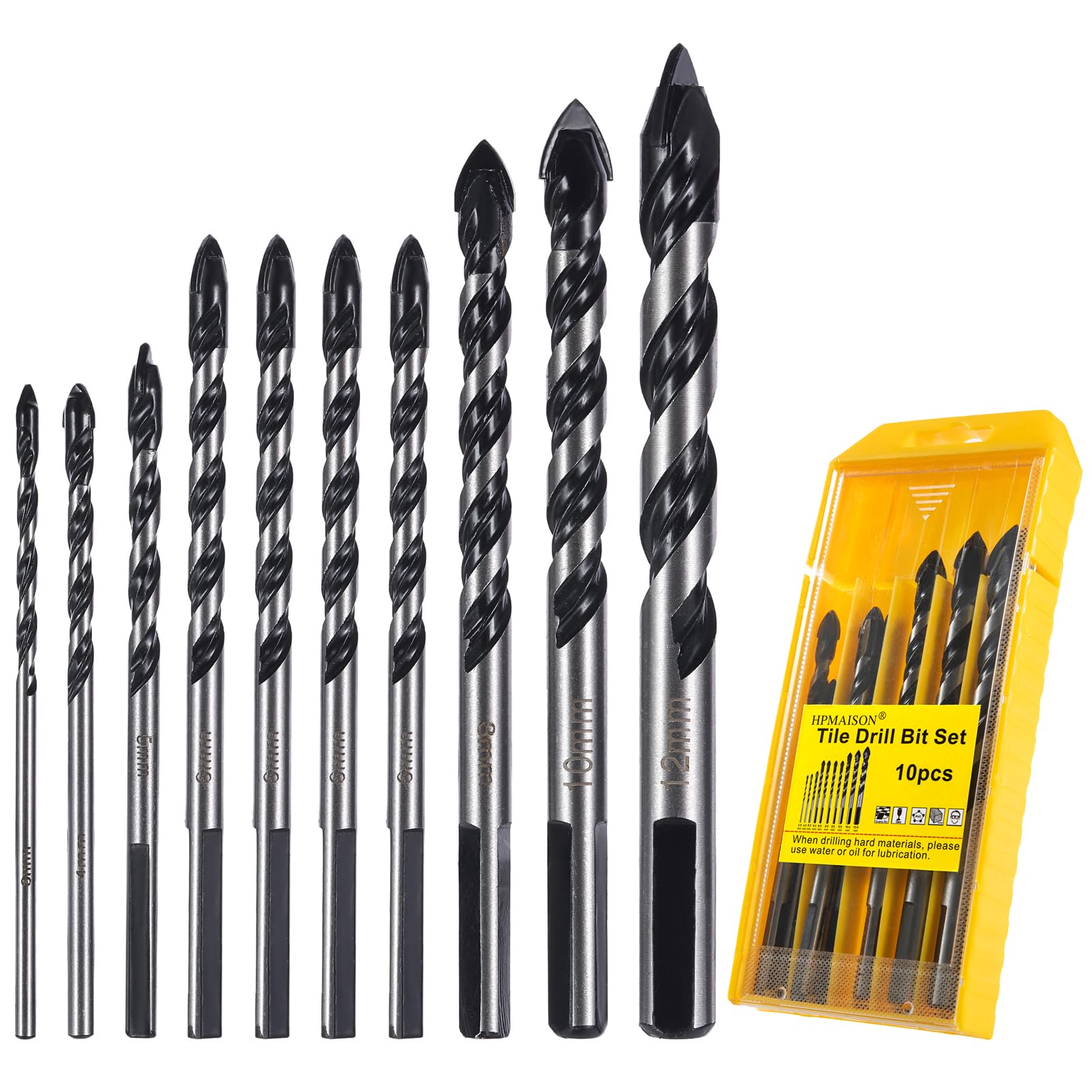 HPMAISON Drill Bits, 3-12mm (10pcs) Tile Drill Bits Tungsten Carbide Tip for Drilling Ceramic Tile, Porcelain, Brick, Granite Marble, Glass, Cement, Plastic, Wood — image 1