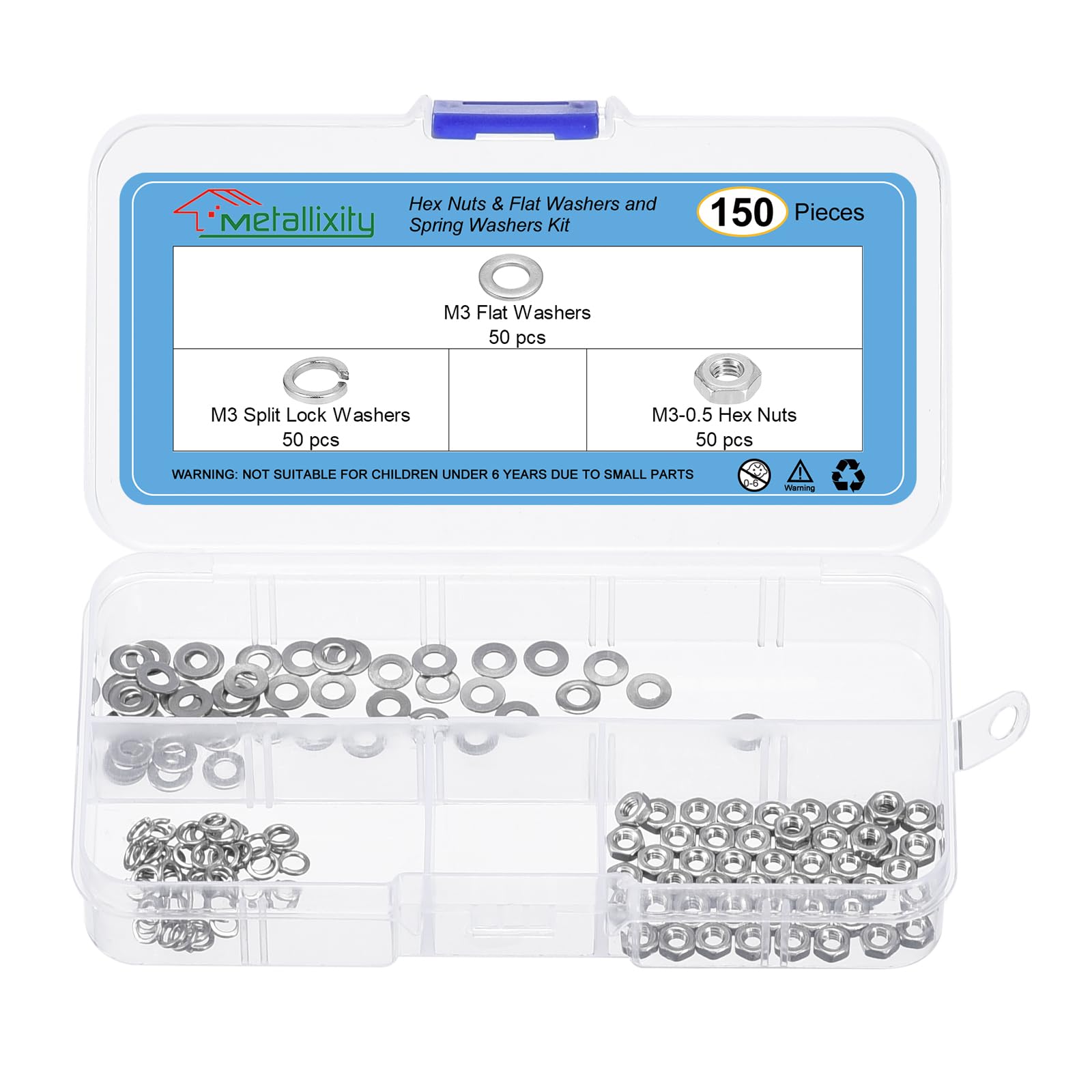 METALLIXITY Hex Nuts Assortment Kit (M3-0.5 Hex Nuts with M3 Flat Washers & Split Lock Washers) 150Pcs, 304 Stainless Steel Hexagon Nut Hardware Kit