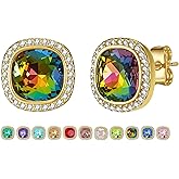 EVEVIC Austrian Crystal Halo Square Stud Earrings for Women 14K Gold Plated Birthstone Earring Hypoallergenic Jewelry Gifts