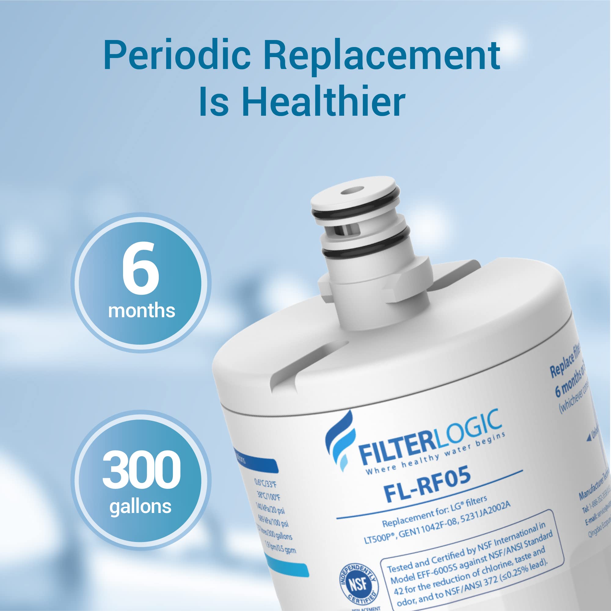 Filterlogic 5231JA2002A Refrigerator Water Filter, Replacement for LG® LT500P®, GEN11042FR-08, ADQ72910911, ADQ72910901, Kenmore 9890, 46-9890, LFX25974ST, LMX25964ST, LSC27925ST, 3 Pack