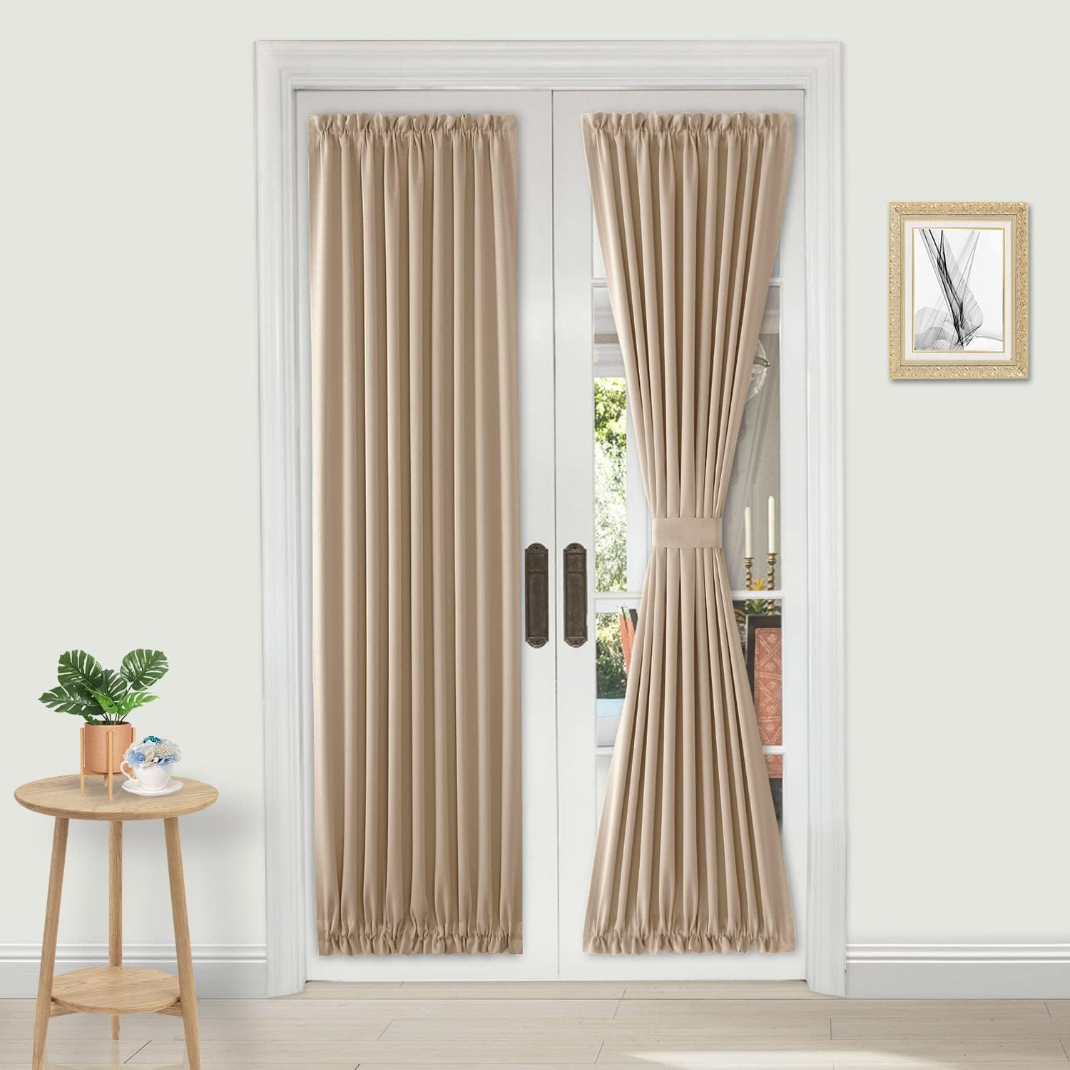 Window Treatments - DWCN French Door Curtains – Rod Pocket Thermal Blackout Curtain for Doors with Glass Window, Kitchen and Patio Doors for Privacy, 25 X 72 Inches Long, 1 Curtain Panel with Tieback, Beige
