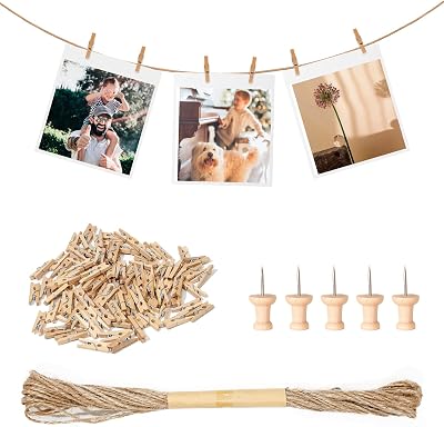 Furuising 150PCS Mini Wooden Pegs 2.5cm Photo Clips with 10M Jute String