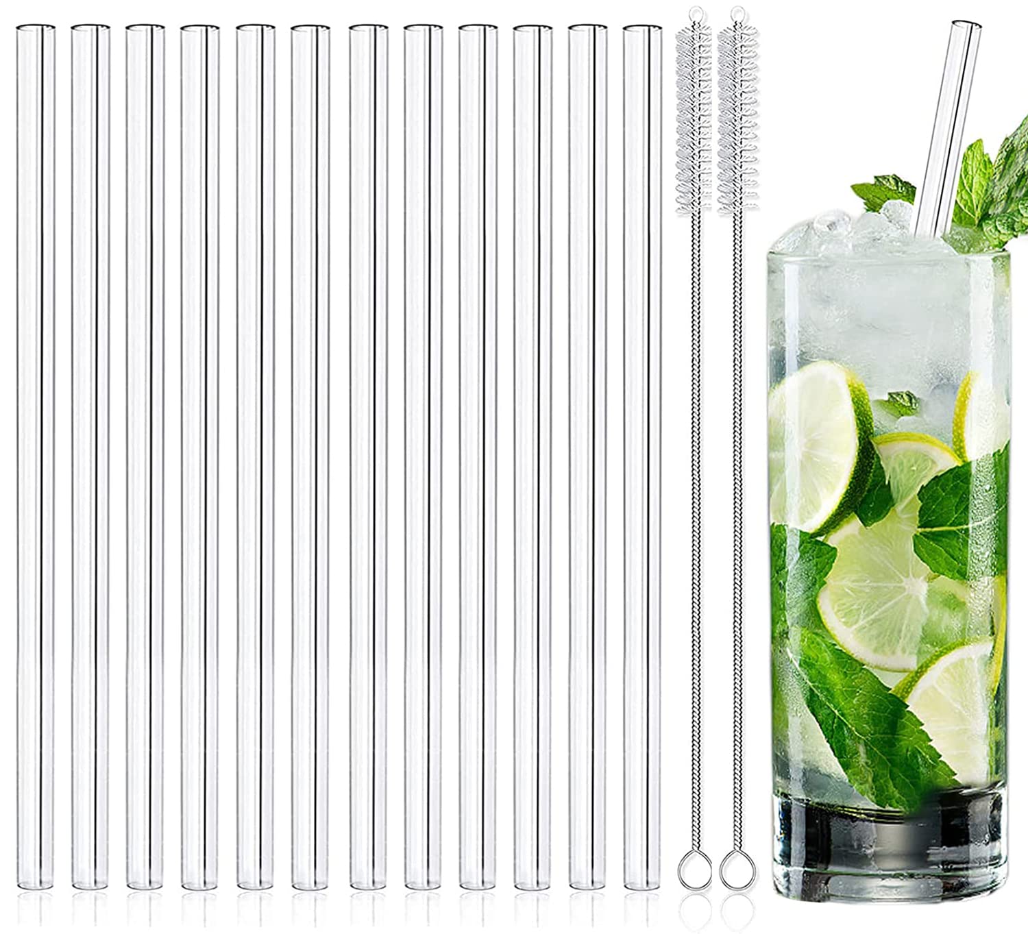 12 x Long Glass Straws – 21.5 Cm, Dishwasher Safe