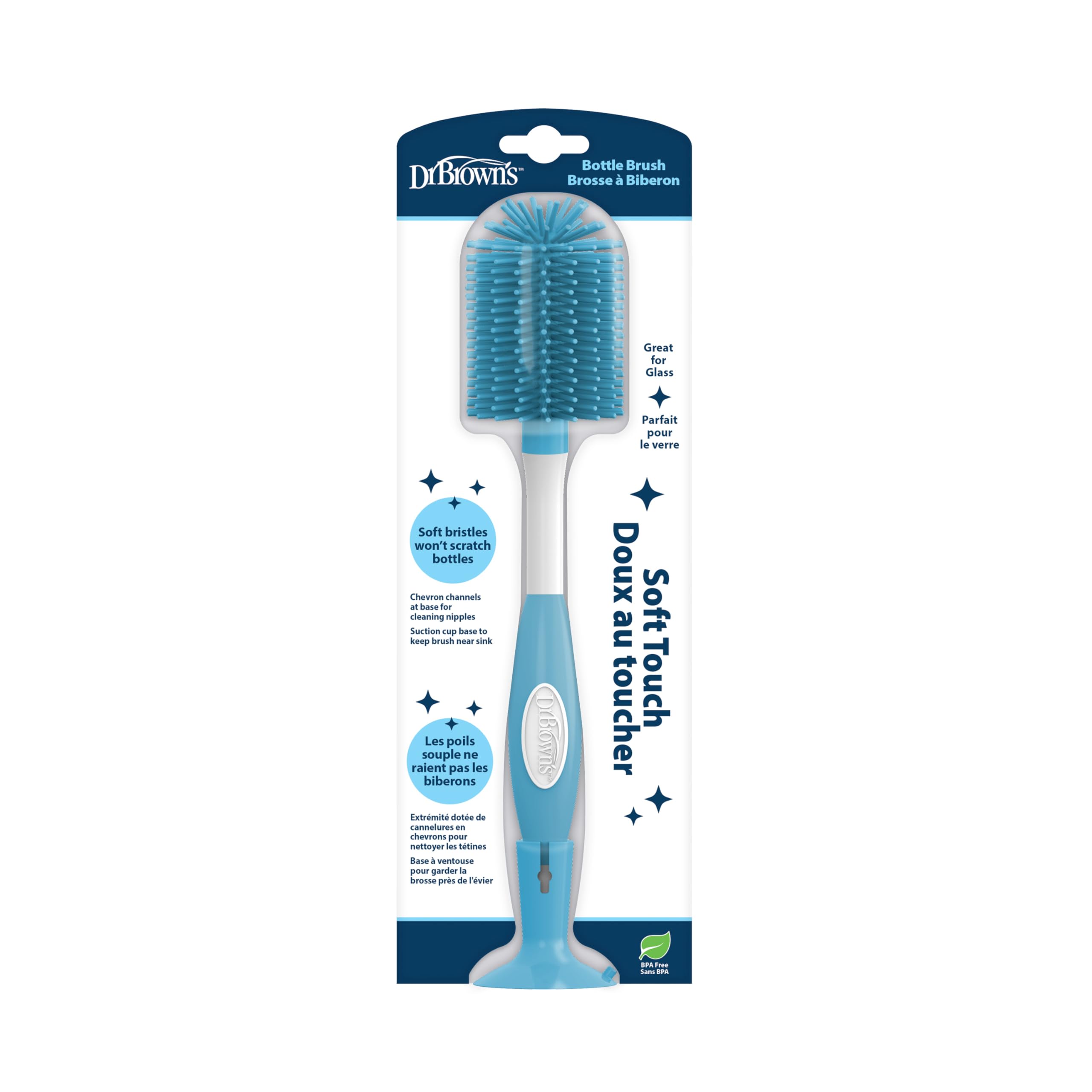 Dr. Brown's Soft Touch No Scratch Baby Bottle Cleaning Brush Nipple Cleaner with Stand and Storage Clip, BPA Free, Blue 1-Pack