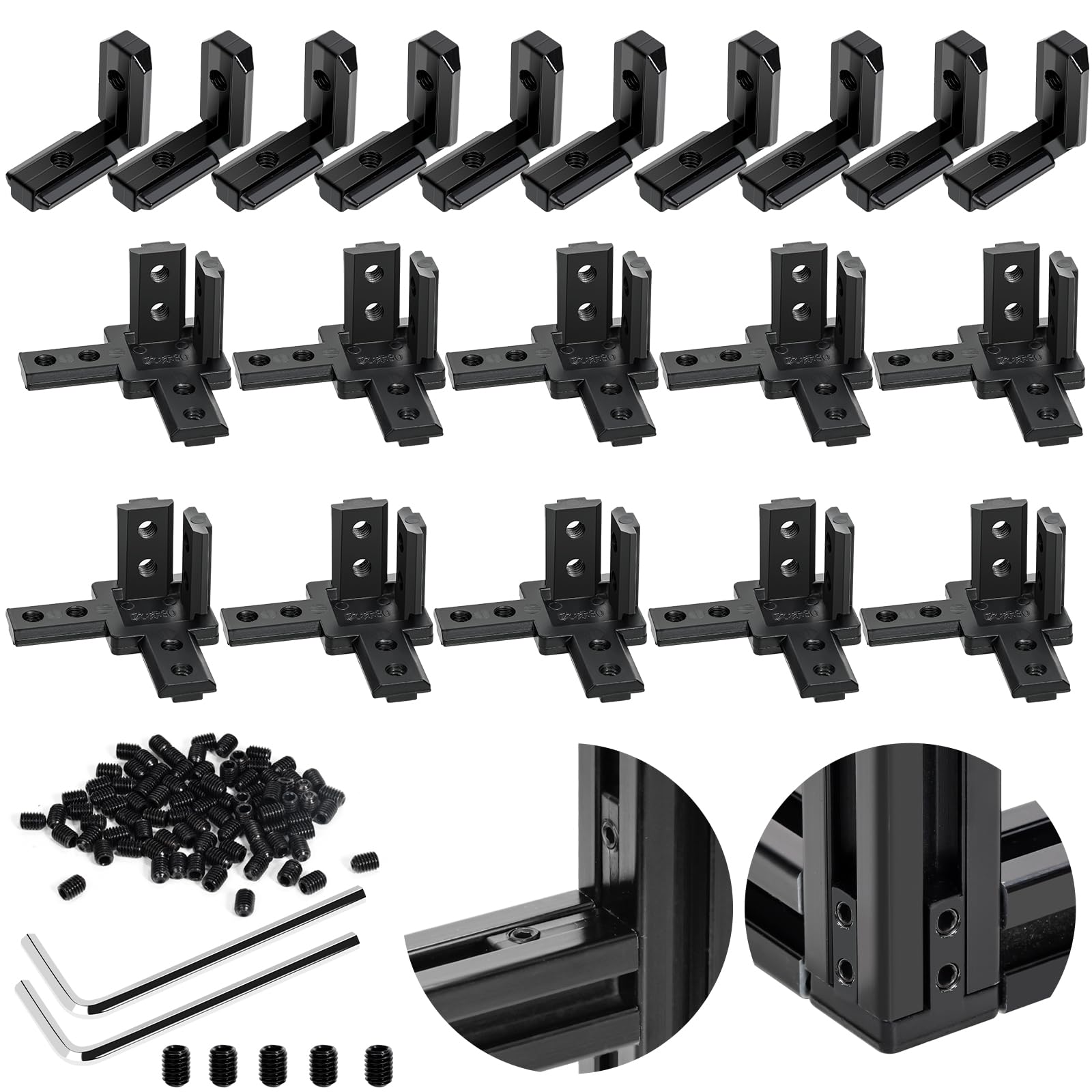 Photo 1 of 20Pcs 3030 Aluminum Extrusion Connectors 3-Way End Corner Bracket Connector Black T Slot L-Shape Interior Corner Joint Bracket for Aluminum Extrusion Profile Slot Connector Set with Screws & Wrench