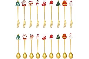 18 Pcs Xmas Spoons and Fork Set, Gold Stainless Steel Christmas Coffee Spoons and Dessert Forks, Christmas Stocking Stuffers,