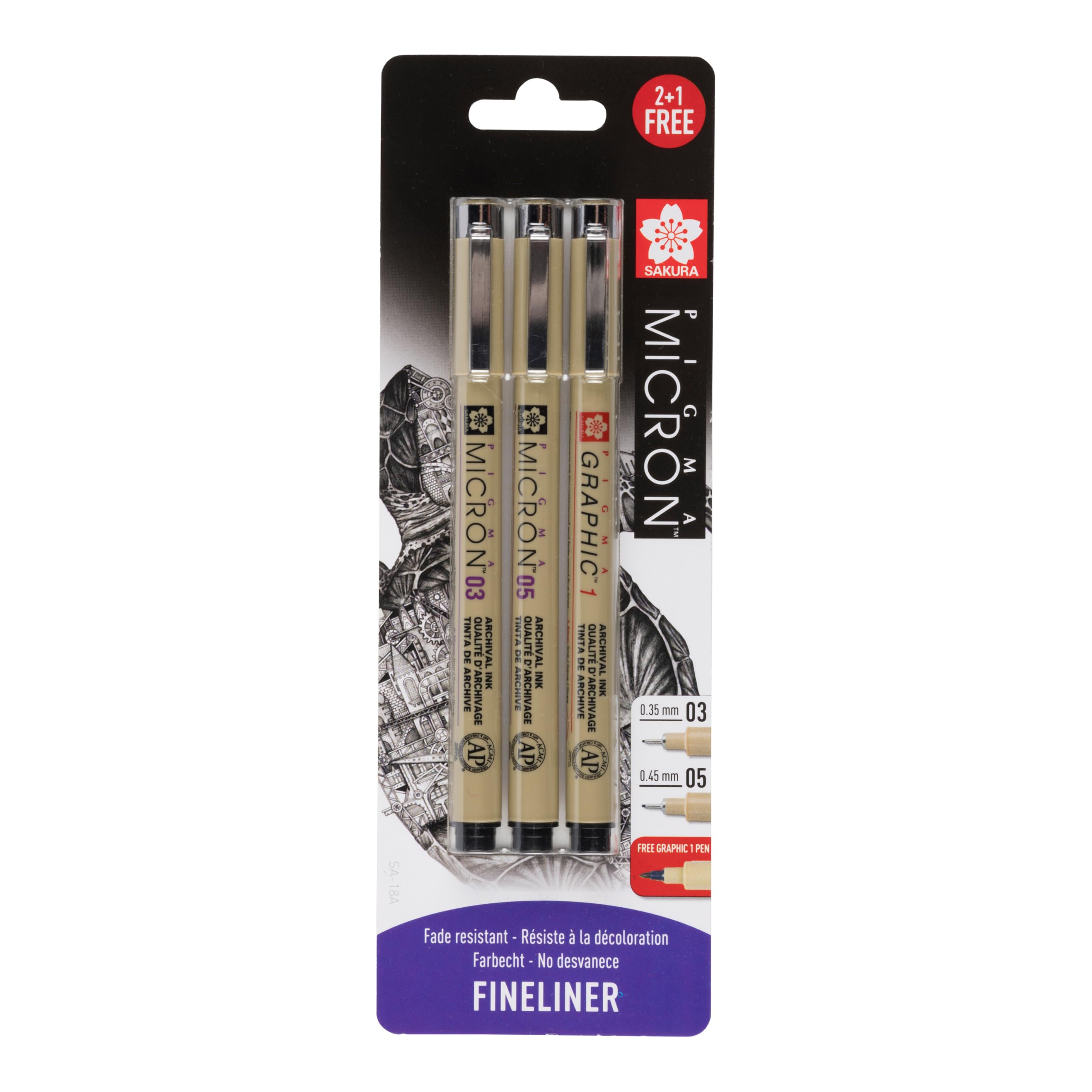 SAKURA Pigma Micron 3 Blister Pack Size 03, 05 & Graphic 1, BLXSDK3CS, Black, 3 Pens