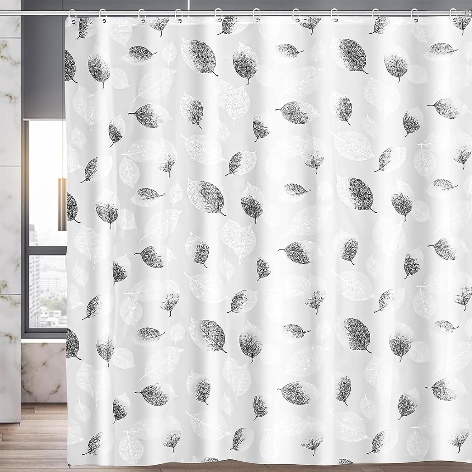 Shower Curtains Mould Proof Resistant - Leaves Patterned Semi-Transarent Shower Curtain, PEVA Waterproof Bathroom Curtains with 12 Hooks, 180 x 200 cm