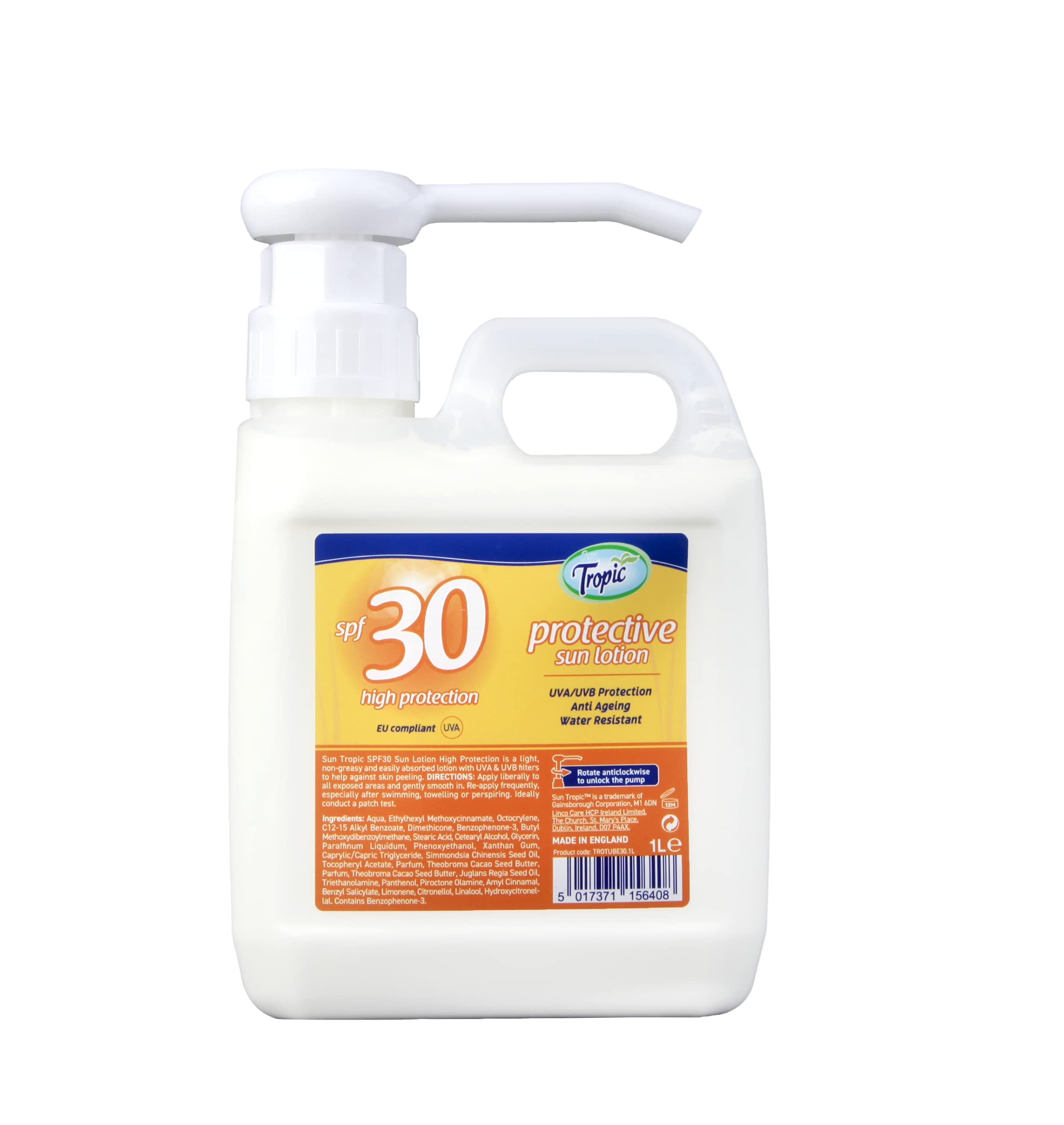 Sun Tropic Protective Sun Lotion SPF30 - 1 Litre | Family Size with Handy Pump, Smoothening Sunscreen, UVA and UVB High Sun Protection, Non-Greasy
