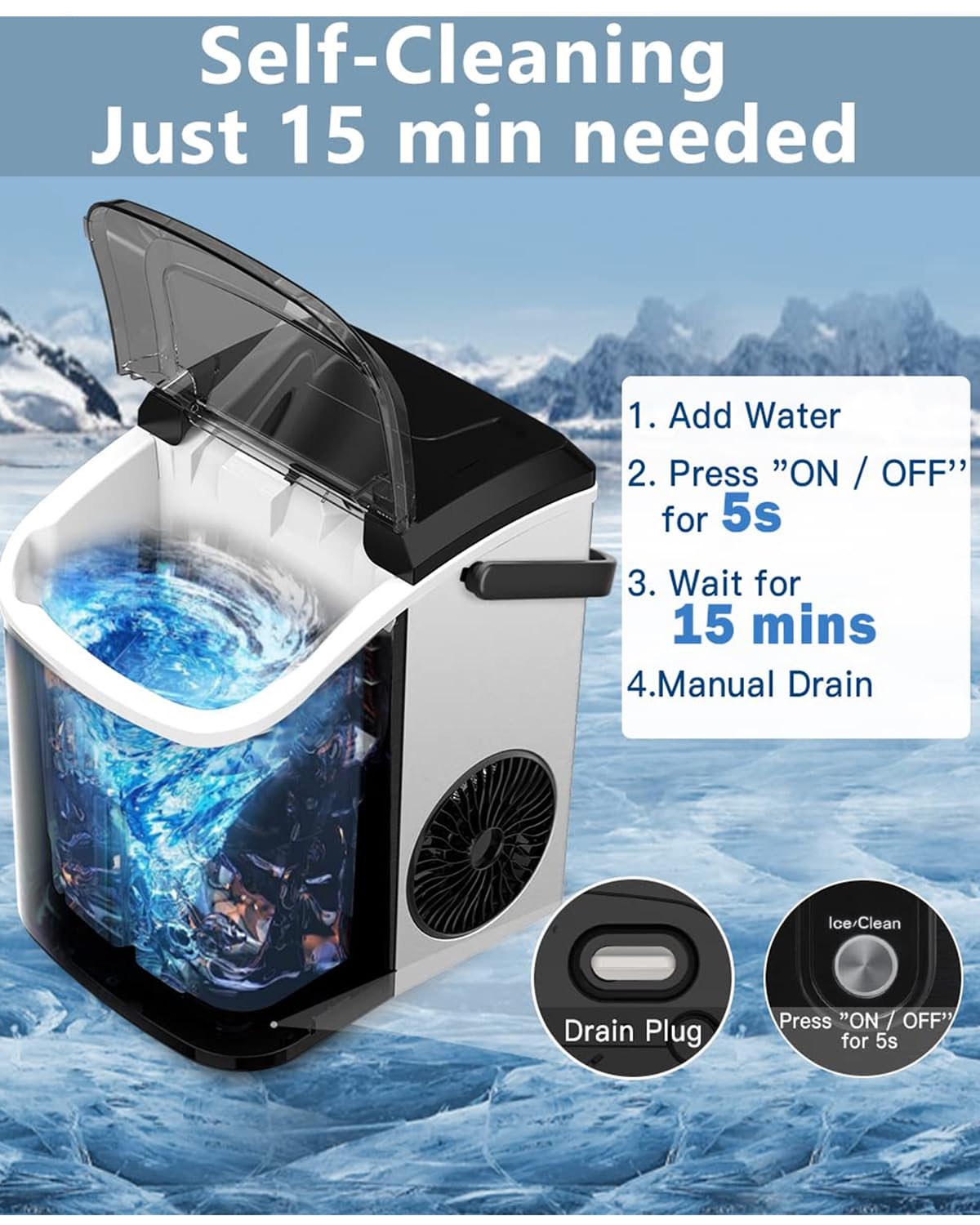 Kndko Nugget Ice Maker Countertop with Handle, Ready in 6 Mins, 35lbs Per Day, Pebble Ice Machine with Soft Chewable Ice, Self-Cleaning, One-Click Operation, for Home/Party/RV/Camping