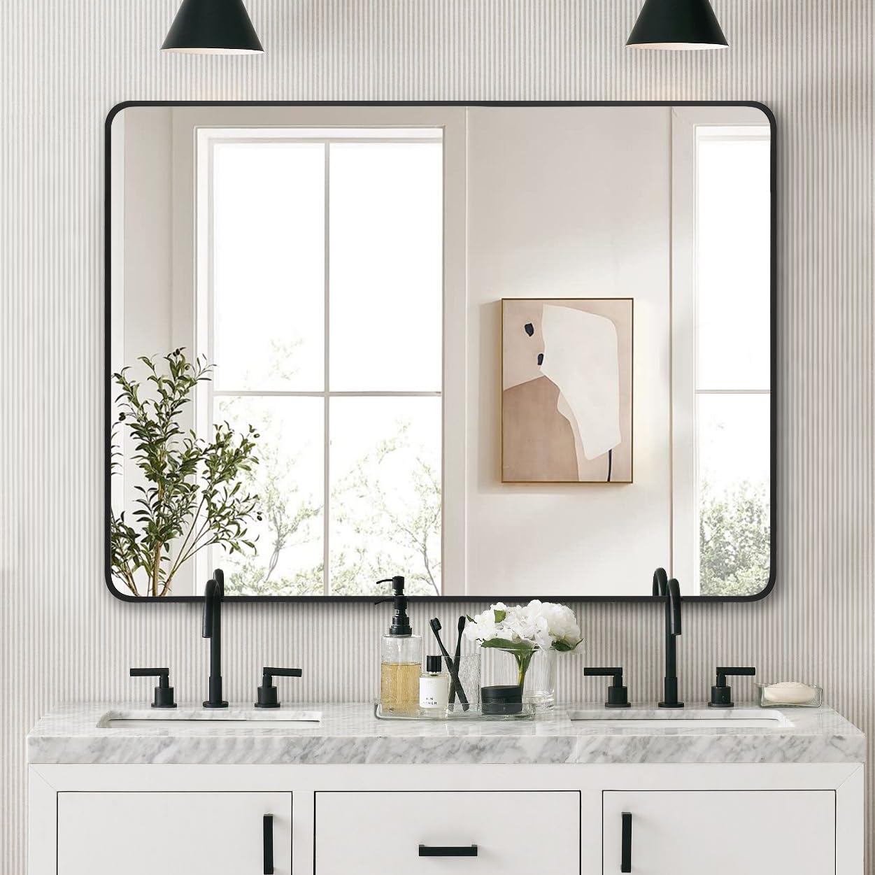 Photo 1 of LEDLUX 36"x48" Bathroom Wall Mirror with Matte Black Metal Frame & HD Glass, Copper-Free Mirrors Modern Rectangle Round Corner Framed Vanity Mirror - Horizontal or Vertical Installation