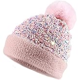 Homiton Women Sequin Knitted Beanie Hat with Faux Fur Pom-Pom Shiny Bling Skull Cap