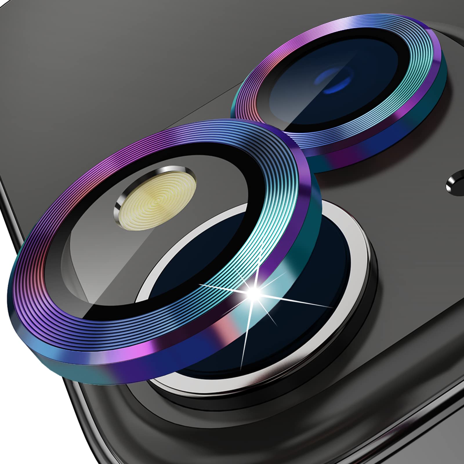 imluckies Compatible with iPhone 14/14 Plus & iPhone 15/15 Plus Camera Lens Protector, Anti-Scratch HD Tempered Glass Lens Screen Protection Cover, Metal Individual Lens Ring, Colorful — image 1