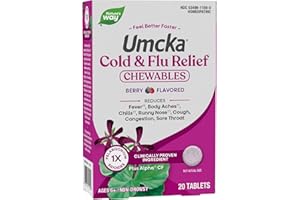 Nature's Way Cold+Flu Relief, Umcka, Shortens Duration and Reduces Severity, Multi-Symptom Relief, Homeopathic, Phenylephrine Free, Non-Drowsy, Berry Flavored, 20 Chewable Tablets (Packaging May Vary)
