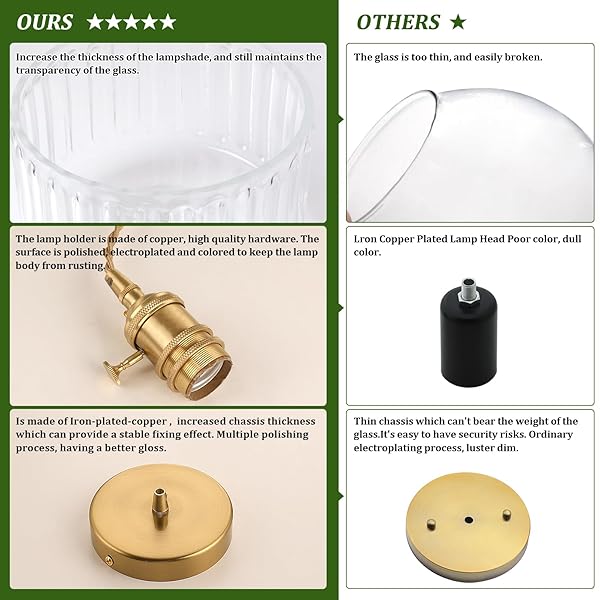 SHENMOYL PENDANT LIGHT 2 PACK WITH CLEAR STRIPED GLASS LMAPSHADE, BRASS VINTAGE PENDANT LIGHT ADJUSTABLE HANGING LIGHT FOR KITCHEN ISLAND DINING ROOM HALLWAY