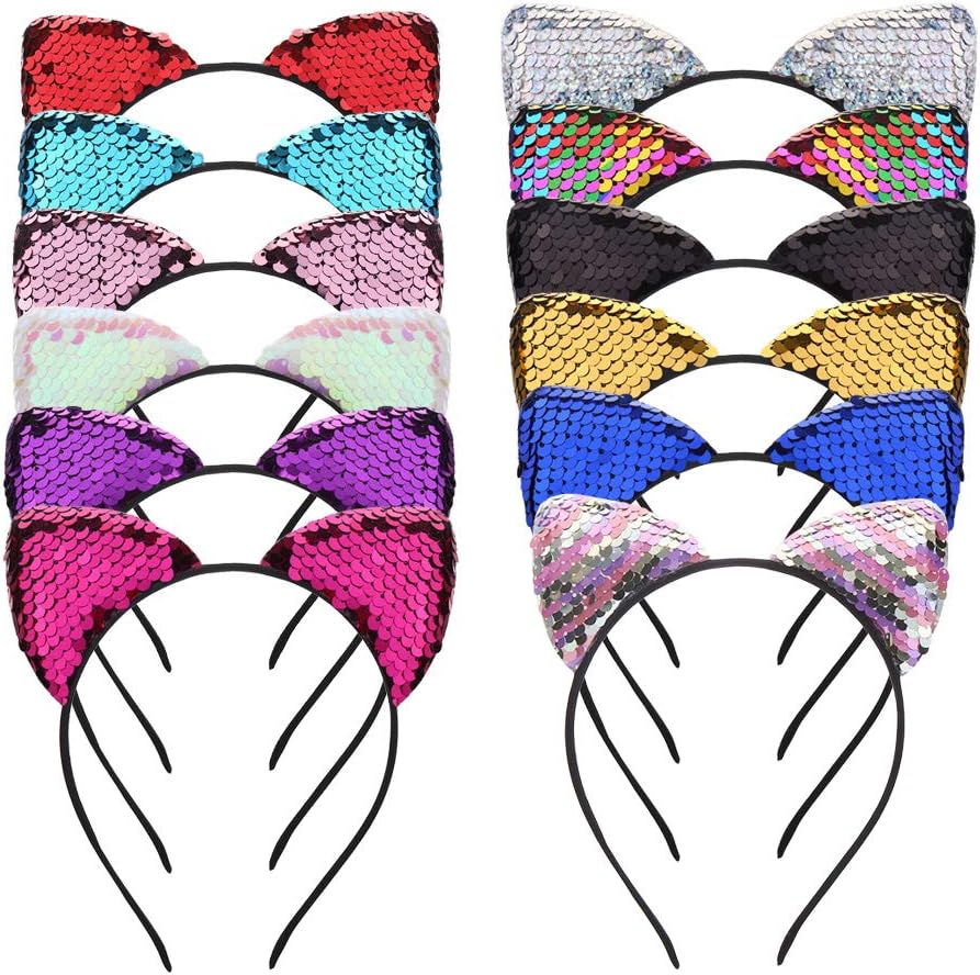 SULOLI 12 Pack Sequins Cat Ears Headband Accessories for Kids Women Party Decorations