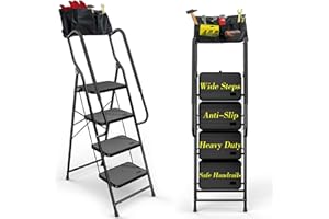 SUZHI Heavy Duty 4 Step Foldable Ladder with Handrails, Attachable Tool Bag & Anti-Slip Wide Pedal Ladders for Indoor Hanging Paintings, Cleaning High Ledge&Ceiling,Fan, 300 Pound Capacity
