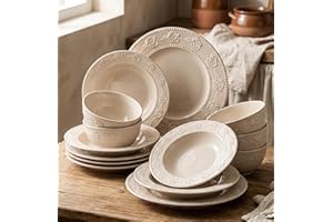 Embossed Floral Dinnerware Set, Cream, Ceramic, Includes 8-Inch Deep Plates, 10-Inch Shallow Plates, 6-Inch Noodle Bowls, Vin