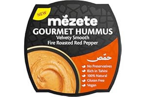 Mezete Fire Roasted Red Pepper Hummus, 100% All Natural Dips and Spreads, On the Go Tahini Rich Vegan Dip with No Preservatives, Gluten-Free, Shelf-Stable, and No Refrigeration Required, 7.5 Ounce