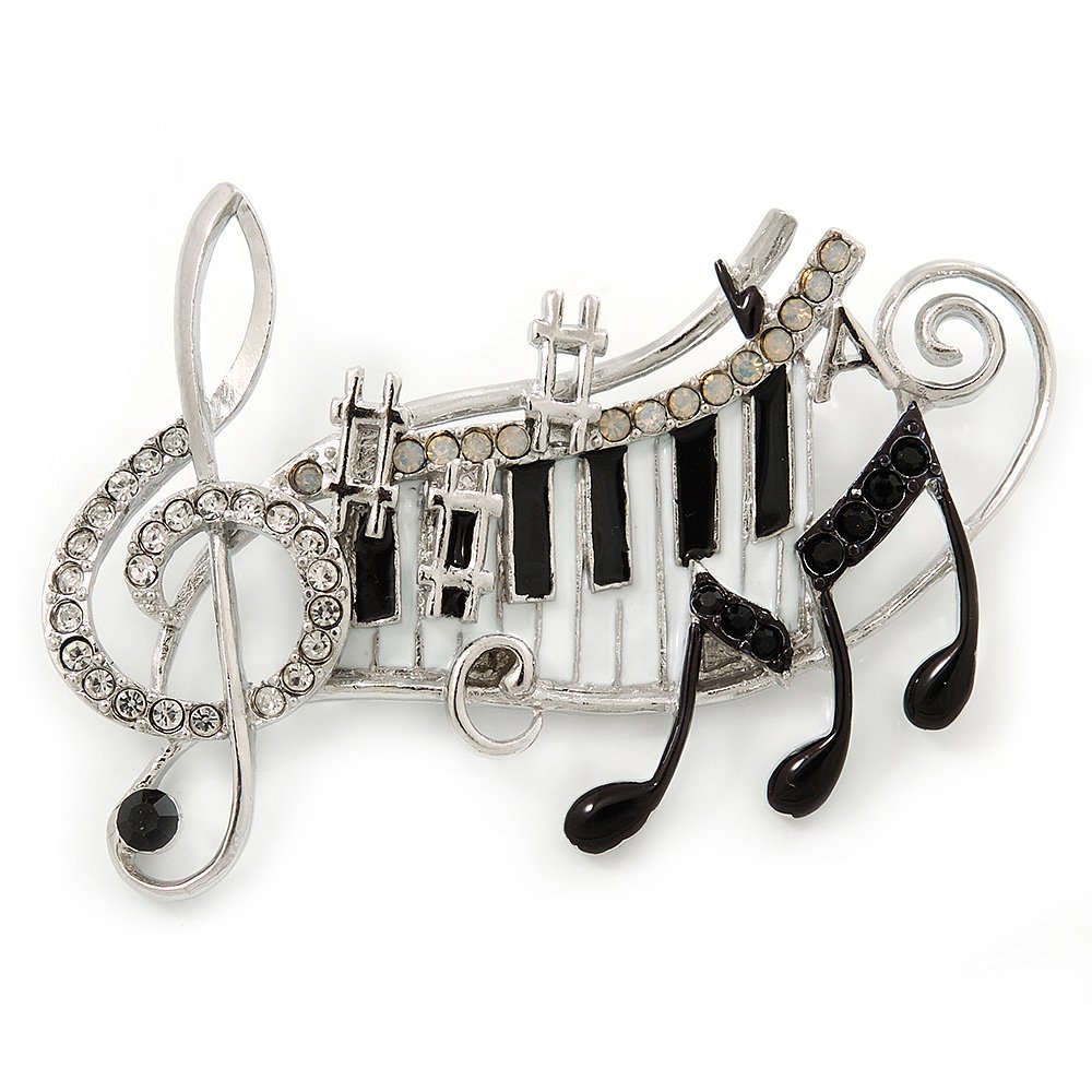 Black, White Enamel, Austrian Crystal Musical Notes Brooch In Silver Tone - 65mm L