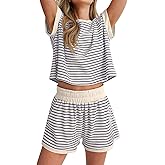 ANRABESS Women 2 Piece Pajama Lounge Sets Stripe Knit Cap Sleeve Tee Shirts Shorts 2026 Casual Summer Loungewear Shorts Set
