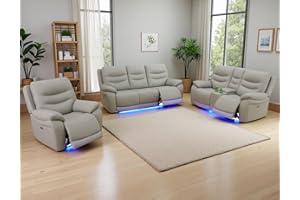 Anthato Leather Power Recliner Sofa Set, Living Room Furniture Sets, Breathing Leather Reclining Sofa Couch with Cup Holders/Storage/Charging Port/Light Strip for Home Theater/Office (3PCS, Grey)