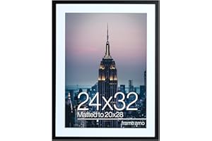 Frame Amo 24x32 Black Picture Frame with 19.5x27.5 White Mat Opening for 20x28 Image, 1 Inch Border, Acrylic Face