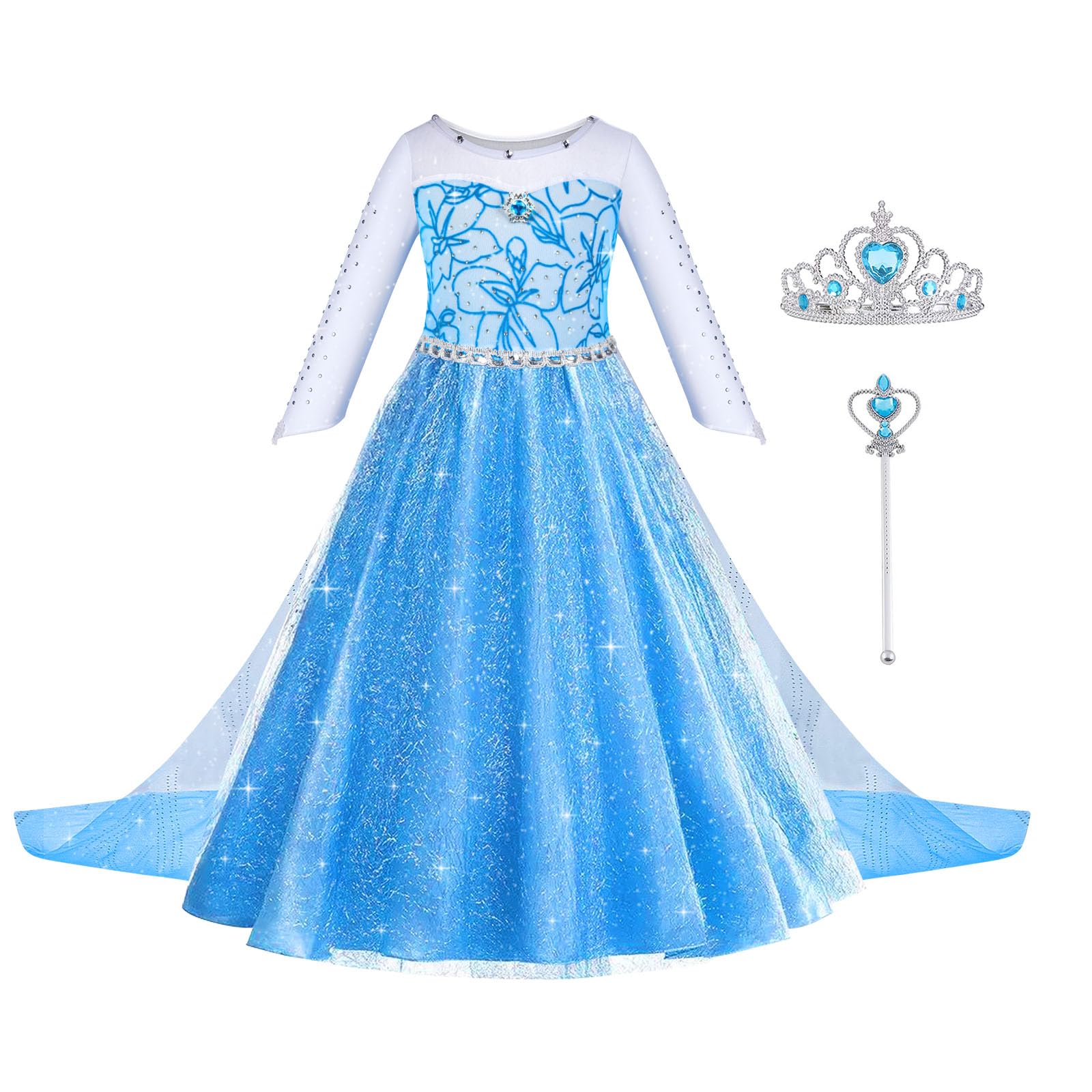 ACWOO Princess Costume, Costume Dress with Fairy Wand and Crown Tiara, Fancy Dress for Girls, Deluxe Shining Snow Queen Fancy Dress for Christmas, Party, Cosplay, Birthday, Halloween