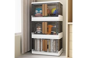 BROVIEW V6 Stackable Storage Bins with Lids, 8.4Gal Collapsible Plastic Storage Bins With Wheels, Folding Storage Cabinet with Doors, Foldable Toy Clothes Organizer for Closet Home Dorm, 3 Pack White