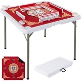 Goplus Mahjong Table, 35" Square Folding Card Table w/4Cup Holders, Anti Slip Mat, HDPE Tabletop, Metal Legs, Portable Mahjong Game Table for Domino Game, Picnic (Table w/Removable Mat, Red)