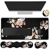 FGDRFGRW Mouse Pad Set,(31.5×11.8 in) Desk Pad + Keyboard Wrist Rest Support + Mouse Wrist Rest + Coaster for Office,Home,Computer,Laptop - 4 Peony Flower