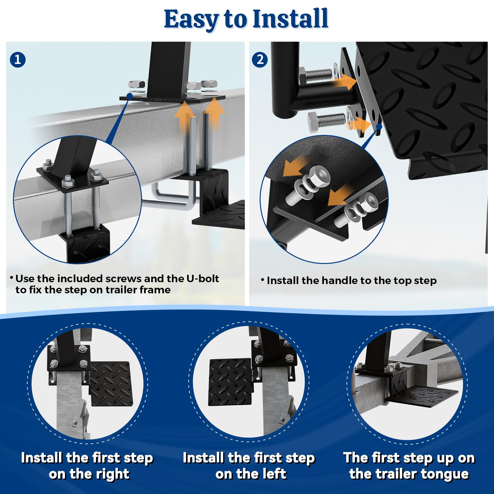 Sliandtelly Boat Trailer Step with Handle - Heavy Duty Anti-Slip, Rust-Proof Boarding Steps for Front Tongue Frame, Easy Install with Mounting Hardware Fits Bass & Pontoon Boats