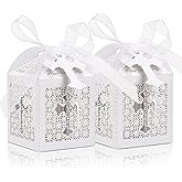 Yinsun 50 PCS Laser Cut Wedding Favor Boxes 2x2x2 Inch Gift Boxes with Ribbon and Tags- Bulk Party Favors for Weddings, Baby Showers, Birthday (White)