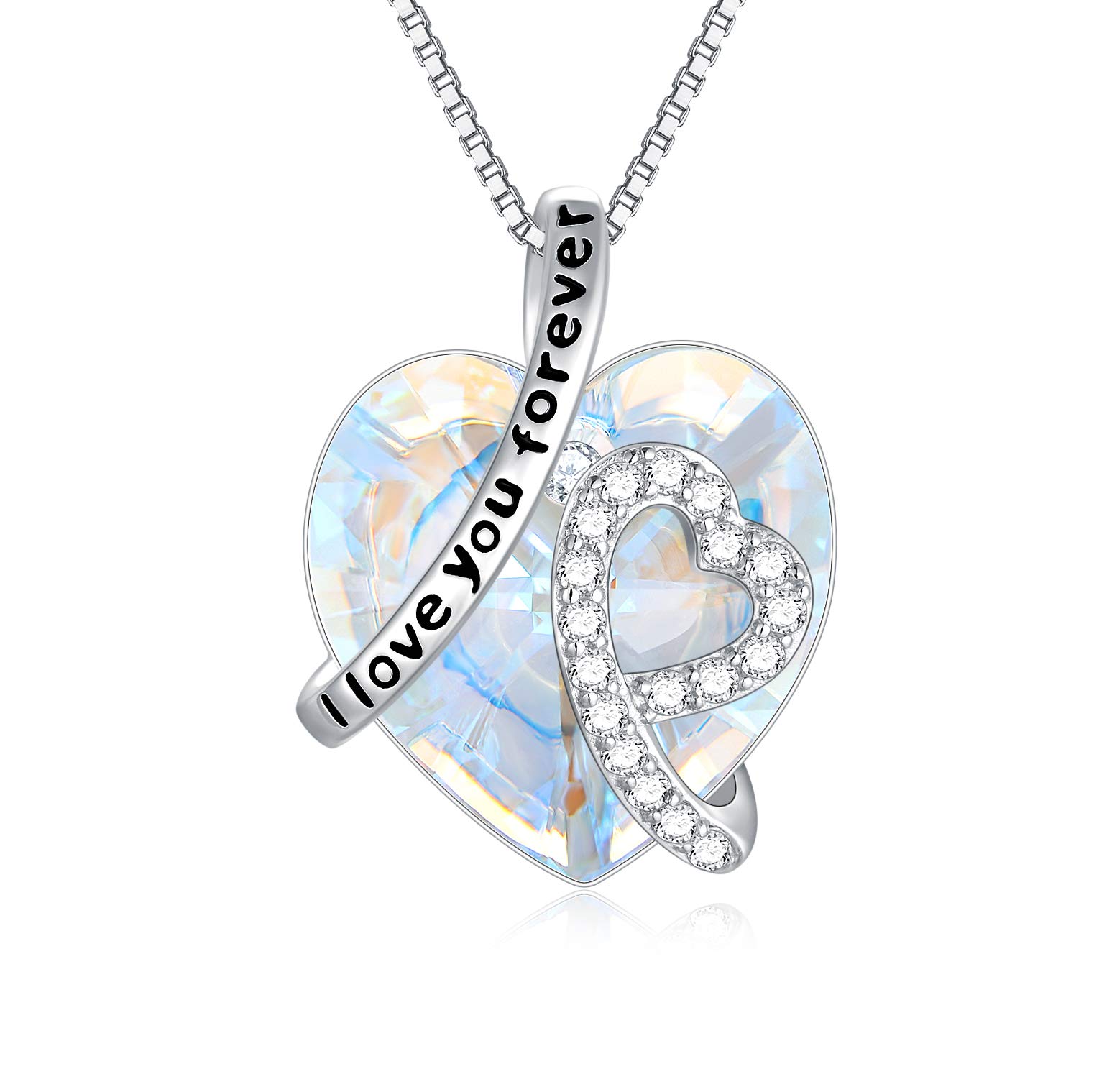Sterling Silver I Love You Forever Heart Pendant Necklace with Birthstone Crystals, Birthday Wedding Anniversary Jewellery Gifts for Her Women Wife Mum Girlfriend (White) — image 1