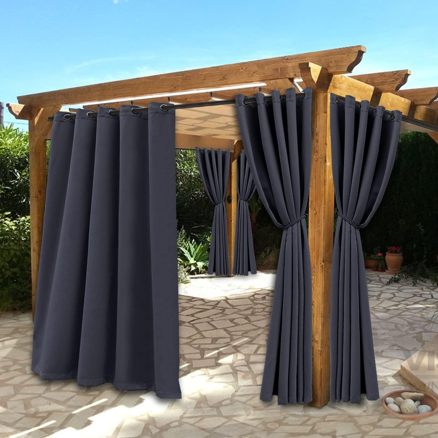 Outdoor Curtains - BONZER Waterproof Indoor/Outdoor Curtains for Patio - Thermal Insulated, Sun Blocking Grommet Blackout Curtains for Bedroom, Porch, Living Room, Pergola, Cabana, 2 Panels, 70 x 120 inch, Dark Grey