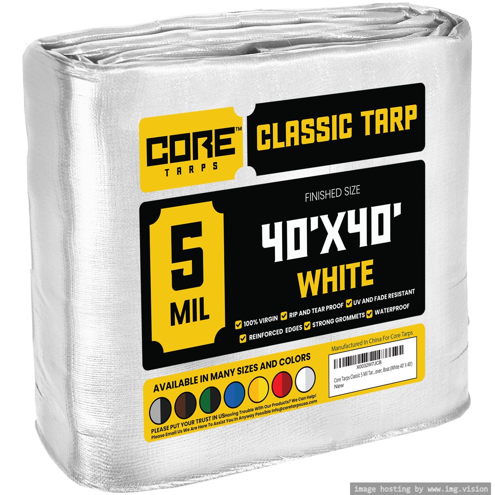 Core Tarps Classic 5 Mil Tarp Cover, Waterproof, UV Resistant, Rip and Tear Proof, Poly Tarpaulin with Reinforced Edges for Roof, Camping, Patio, Pool Cover, Boat (White 40′ X 40′) Image