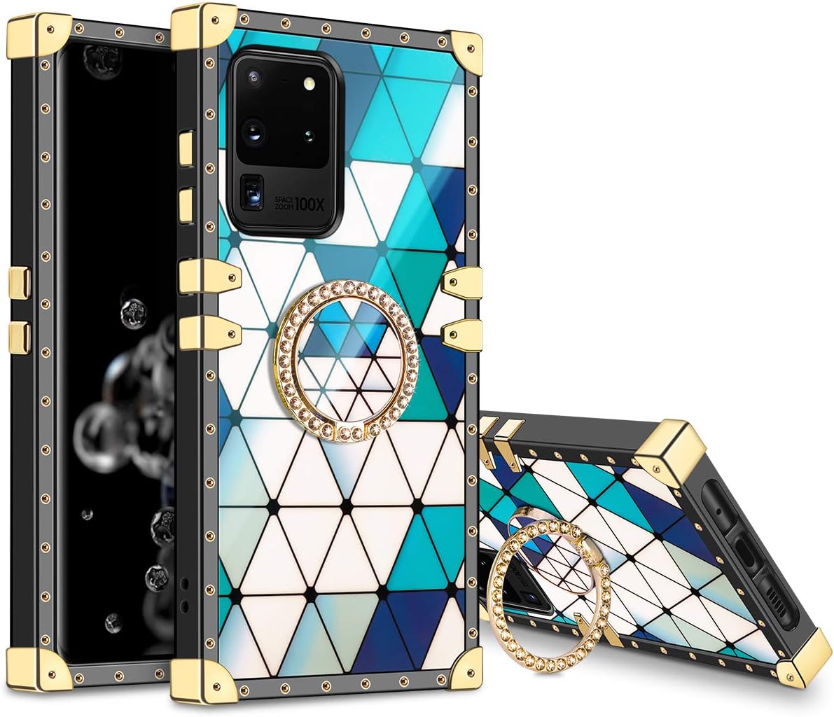 Aemotoy for Galaxy S20 Ultra Case Cute with Ring Holder Grip Girly Square Reinforced Corners Hybrid Protective Shell Flexible TPU Shockproof Cover for Galaxy S20 Ultra 5G 6.9 Inches, Blue