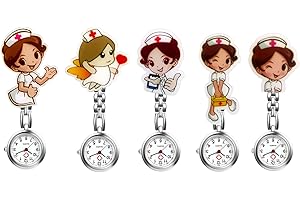 Avaner Nurse Watches Cute Cartoon Design Clip-on Fob Watches Analog Quartz Hanging Lapel Watches for Women (5 Pcs)
