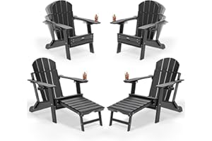 VINGLI Back-Adjustable Plastic Folding Adirondack Chairs Set of 4 with Retractable Footrest & 2-in-1 Cup Holders, Waterproof HDPE Outdoor Fire Pit Chairs for Patio, Pool, Capacity 400 LBS, Black