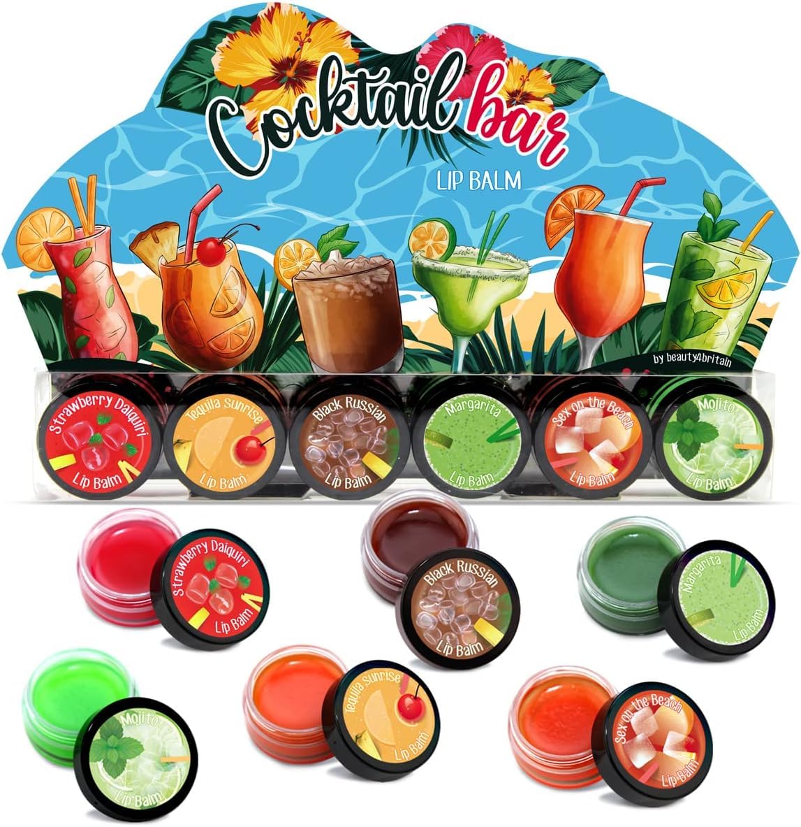 beauty4britain 6-Piece Lip Balm Set - Irresistible Unisex Cocktails Mojito, Tequila Sunrise, Black Russian, Margarita, Sex on The Beach, Strawberry Daiquiri