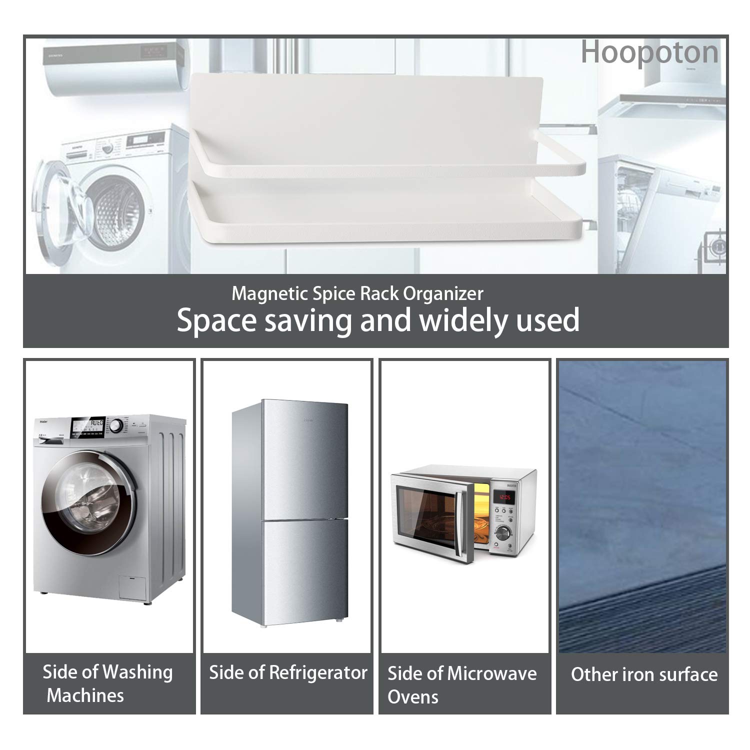 Hoopoton Magnetic Spice Rack Organizer Single Tier Refrigerator Spice Storage Shelf, Easy to Install The Side of The Refrigerator Can Hold spices, Jar of Olive Oil (White, 2 PACK)