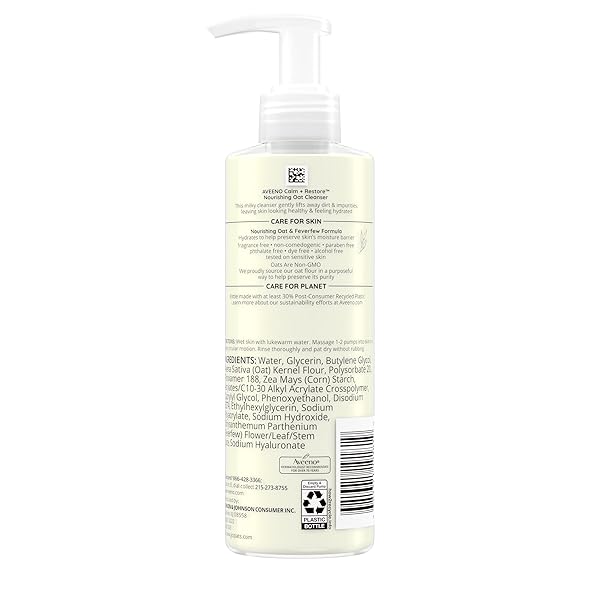 AVEENO CALM + RESTORE FACIAL CLEANSER FOR SENSITIVE SKIN, HYDRATING GENTLE MILKY FACE CLEANSER WITH NOURISHING OAT AND FEVERFEW, HYPOALLERGENIC FORMULA, FRAGRANCE FREE, 7.8 FL OZ