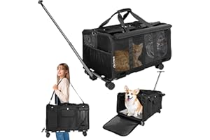 L&W BROS. Double Cat Carrier with Wheels 23.6" L x 15" W x 14.2H Extra Large Cat Carrier for 2 Big Cats Soft Rolling Dog Carrier for Up to 40 Lbs Double-Compartment Foldable Pet Carrier (Black)